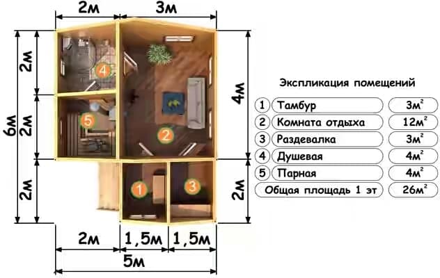 Планировка бани ББ-14